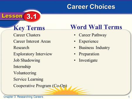 1 Chapter 3 Researching Careers Career Choices Key Terms Career Clusters Career Interest Areas Research Exploratory Interview Job Shadowing Internship.