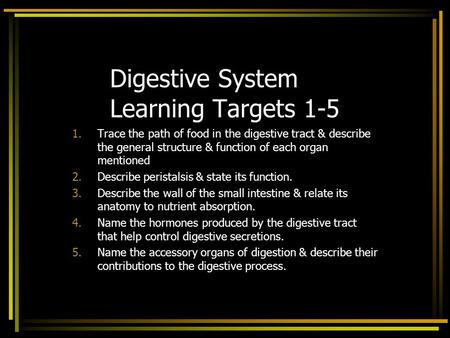 Digestive System Learning Targets 1-5 1.Trace the path of food in the digestive tract & describe the general structure & function of each organ mentioned.