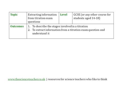 Www.thescienceteacher.co.ukwww.thescienceteacher.co.uk | resources for science teachers who like to think TopicExtracting information from titration exam.