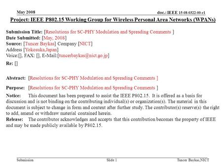 Doc.: IEEE 15-08-0322-00-r1 Submission May 2008 Tuncer Baykas,NICTSlide 1 Project: IEEE P802.15 Working Group for Wireless Personal Area Networks (WPANs)