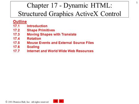  2001 Prentice Hall, Inc. All rights reserved. 1 Chapter 17 - Dynamic HTML: Structured Graphics ActiveX Control Outline 17.1 Introduction 17.2 Shape Primitives.