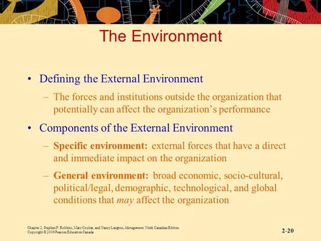 Chapter 2, Stephen P. Robbins, Mary Coulter, and Nancy Langton, Management, Ninth Canadian Edition Copyright © 2009 Pearson Education Canada 2-20 The Environment.