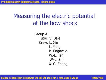 Group A: S. Bale(Tutor), B. Engavale, W.L. Shi, W.L. Teh, L. Xie, L. Yang, and X.G. Zhang 13,May 2004 3 rd COSPAR Capacity Building Workshop3 rd COSPAR.