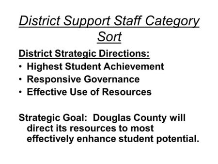 District Support Staff Category Sort District Strategic Directions: Highest Student Achievement Responsive Governance Effective Use of Resources Strategic.