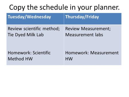 Copy the schedule in your planner. Tuesday/WednesdayThursday/Friday Review scientific method; Tie Dyed Milk Lab Homework: Scientific Method HW Review Measurement;