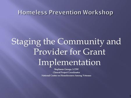 Staging the Community and Provider for Grant Implementation Stephanie George, LCSW Clinical Project Coordinator National Center on Homelessness Among Veterans.