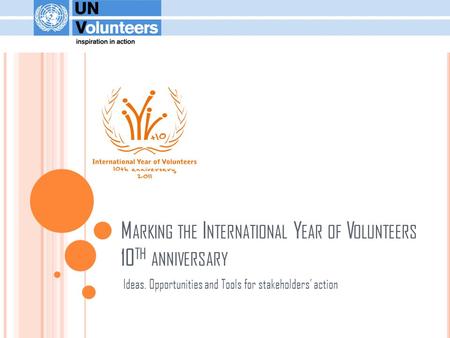 M ARKING THE I NTERNATIONAL Y EAR OF V OLUNTEERS 10 TH ANNIVERSARY Ideas, Opportunities and Tools for stakeholders’ action.