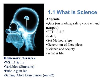 Lesson Overview Lesson Overview What Is Science? 1.1 What is Science Homework this week WS 1.1 & 1.2 Variables (Simpsons) Bubble gum lab Sammy Alive Disscussion.