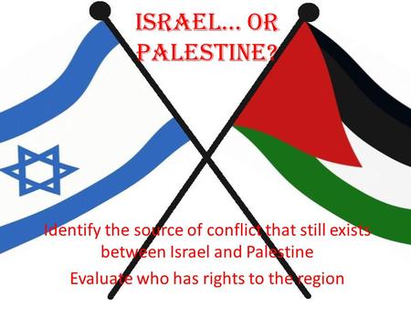 Israel… Or Palestine? Identify the source of conflict that still exists between Israel and Palestine Evaluate who has rights to the region.