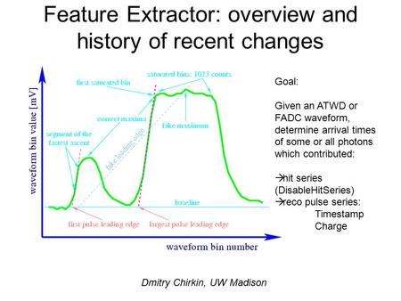 Feature Extractor: overview and history of recent changes Dmitry Chirkin, UW Madison Goal: Given an ATWD or FADC waveform, determine arrival times of some.