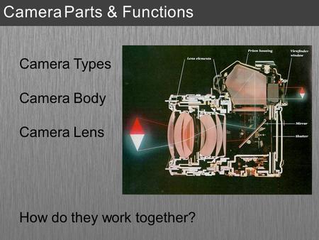 Camera Types Camera Body Camera Lens How do they work together? Camera Parts & Functions.