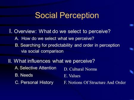 Social Perception I. Overview: What do we select to perceive? A.How do we select what we perceive? B. Searching for predictability and order in perception.