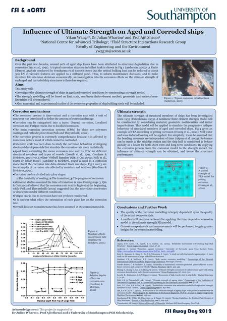 Influence of Ultimate Strength on Aged and Corroded ships Yikun Wang 1,2, Dr Julian Wharton 1 and Prof Ajit Shenoi 2 1 National Centre for Advanced Tribology;