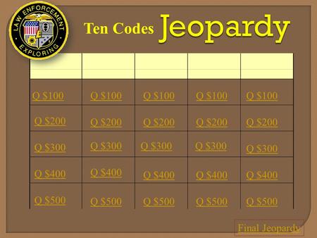 Ten Codes Q $100 Q $200 Q $300 Q $400 Q $500 Q $100 Q $200 Q $300 Q $400 Q $500 Final Jeopardy.