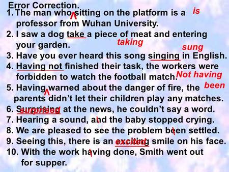 Error Correction. 1.The man who sitting on the platform is a professor from Wuhan University. 2. I saw a dog take a piece of meat and entering your garden.