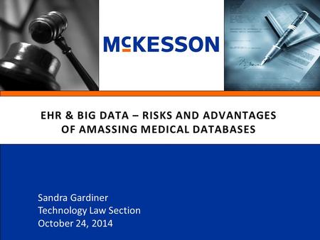 EHR & BIG DATA – RISKS AND ADVANTAGES OF AMASSING MEDICAL DATABASES Sandra Gardiner Technology Law Section October 24, 2014.