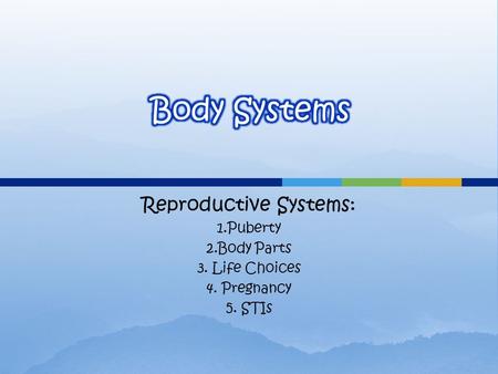 Reproductive Systems: 1.Puberty 2.Body Parts 3. Life Choices 4. Pregnancy 5. STIs.