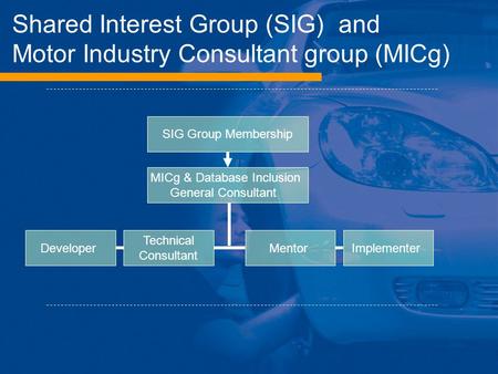 SIG Group Membership MICg & Database Inclusion General Consultant Technical Consultant ImplementerDeveloperMentor Shared Interest Group (SIG) and Motor.