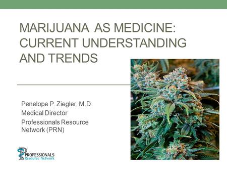 MARIJUANA AS MEDICINE: CURRENT UNDERSTANDING AND TRENDS Penelope P. Ziegler, M.D. Medical Director Professionals Resource Network (PRN)