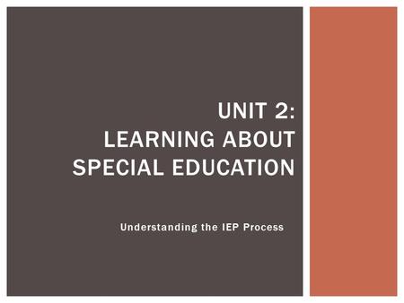 Understanding the IEP Process UNIT 2: LEARNING ABOUT SPECIAL EDUCATION.