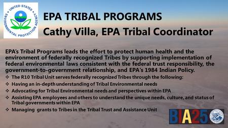 Welco EPA TRIBAL PROGRAMS Cathy Villa, EPA Tribal Coordinator EPA’s Tribal Programs leads the effort to protect human health and the environment of federally.