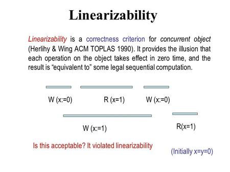 Linearizability Linearizability is a correctness criterion for concurrent object (Herlihy & Wing ACM TOPLAS 1990). It provides the illusion that each operation.