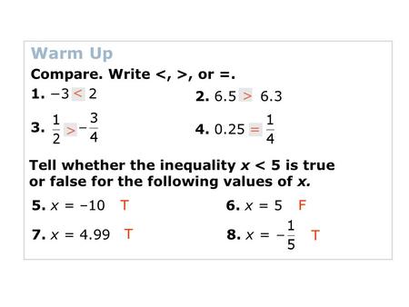 Warm Up Compare. Write <, >, or =. 1. − <