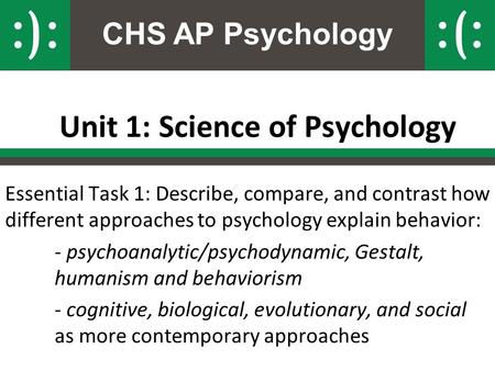 CHS AP Psychology Unit 1: Science of Psychology Essential Task 1: Describe, compare, and contrast how different approaches to psychology explain behavior: