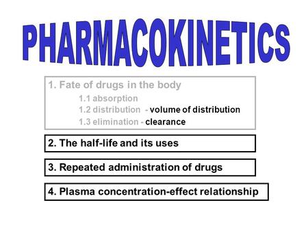 1. Fate of drugs in the body 1.1 absorption 1.2 distribution - volume of distribution 1.3 elimination - clearance 2. The half-life and its uses 3. Repeated.