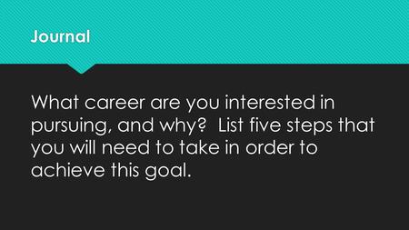 Journal What career are you interested in pursuing, and why? List five steps that you will need to take in order to achieve this goal.