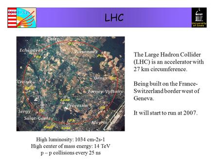 LHC The Large Hadron Collider (LHC) is an accelerator with 27 km circumference. Being built on the France- Switzerland border west of Geneva. It will start.