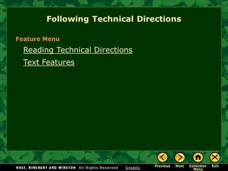 Reading Technical Directions Text Features Following Technical Directions Feature Menu.