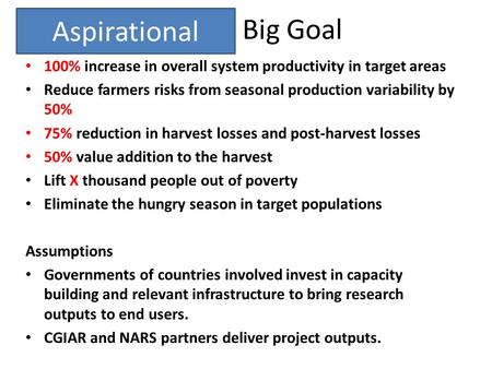 Overall Big Goal 100% increase in overall system productivity in target areas Reduce farmers risks from seasonal production variability by 50% 75% reduction.