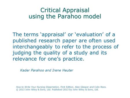 Critical Appraisal using the Parahoo model