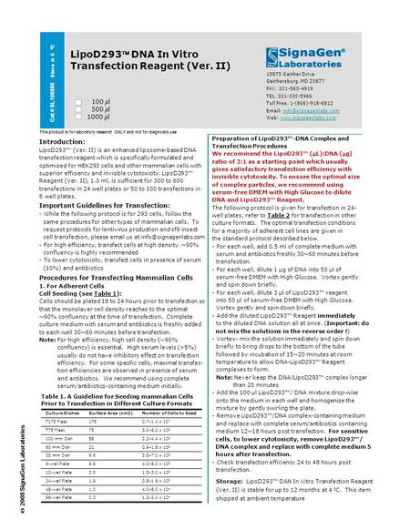 Cat # SL100668 Store at 4 0 C LipoD293 DNA In Vitro Transfection Reagent (Ver. II) 100  l 500  l 1000  l 15875 Gaither Drive Gaithersburg, MD 20877.