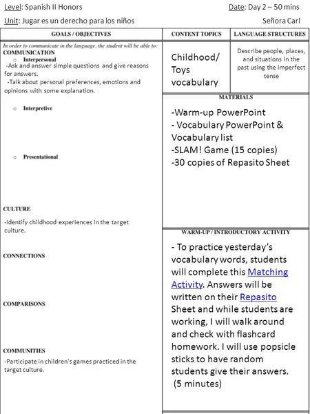 Level: Spanish II Honors Unit: Jugar es un derecho para los niños Date: Day 2 – 50 mins Señora Carl -Warm-up PowerPoint - Vocabulary PowerPoint & Vocabulary.