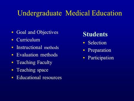  Goal and Objectives  Curriculum  Instructional methods  Evaluation methods  Teaching Faculty  Teaching space  Educational resources Students 