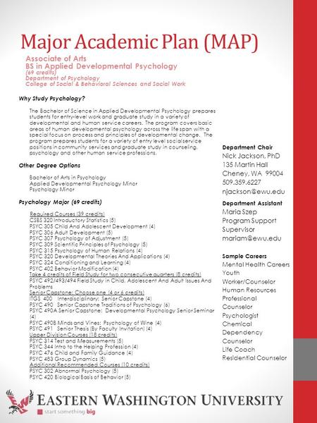 Major Academic Plan (MAP) Why Study Psychology? The Bachelor of Science in Applied Developmental Psychology prepares students for entry-level work and.