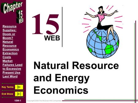 Copyright 2008 The McGraw-Hill Companies 15W-1 Resource Supplies: Doom or Boom? Natural Resource Economics Extraction Costs Market Failures Lead to Excessive.