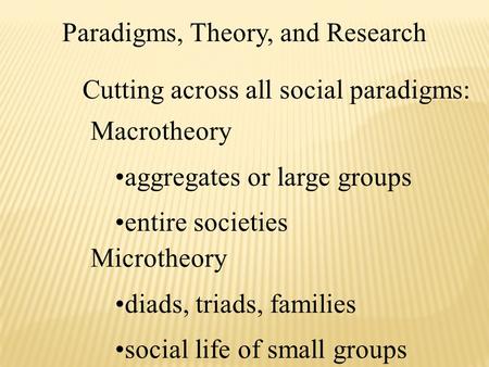 Paradigms, Theory, and Research Macrotheory aggregates or large groups entire societies Microtheory diads, triads, families social life of small groups.