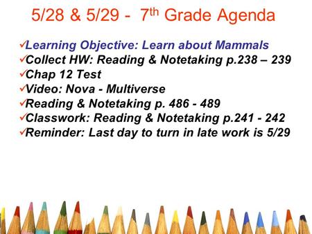 5/28 & 5/29 - 7 th Grade Agenda Learning Objective: Learn about Mammals Collect HW: Reading & Notetaking p.238 – 239 Chap 12 Test Video: Nova - Multiverse.