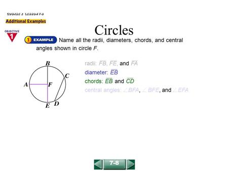 Name all the radii, diameters, chords, and central angles shown in circle F. COURSE 2 LESSON 7-8 radii: FB, FE,and FA diameter: EB chords: EB and CD central.