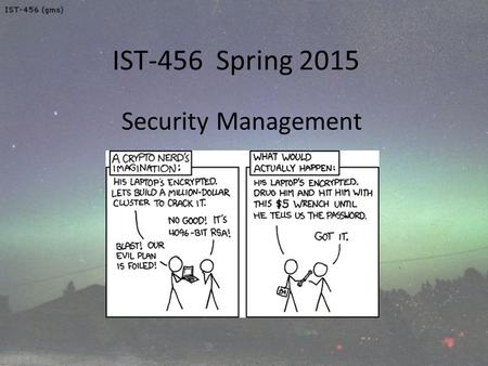 IST-456 Spring 2015 Security Management. Objectives understand issues, techniques and technologies for security management discuss system vulnerabilities.