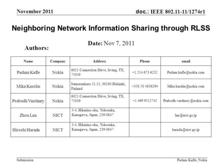 Doc.: IEEE 802.11-11/1274r1 November 2011 Padam Kafle, Nokia Submission Neighboring Network Information Sharing through RLSS Authors: Date: Nov 7, 2011.