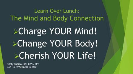 Learn Over Lunch: The Mind and Body Connection  Charge YOUR Mind!  Change YOUR Body!  Cherish YOUR Life! Kristy Kudrna, RN, CWC, cPT Bob Holtz Wellness.