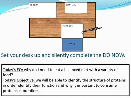 Silently Set your desk up and silently complete the DO NOW. Binder Handout (Seat) Today’s EQ: why do I need to eat a balanced diet with a variety of food?