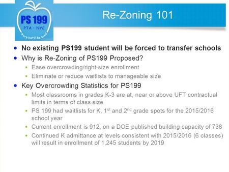 No existing PS199 student will be forced to transfer schools Why is Re-Zoning of PS199 Proposed? Ease overcrowding/right-size enrollment Eliminate or reduce.