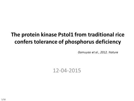 The protein kinase Pstol1 from traditional rice confers tolerance of phosphorus deficiency Gamuyao et al., 2012. Nature 12-04-2015 1/16.