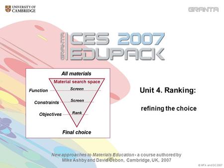 © MFA and DC 2007 New approaches to Materials Education - a course authored by Mike Ashby and David Cebon, Cambridge, UK, 2007 Unit 4. Ranking: refining.