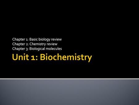 Chapter 1: Basic biology review Chapter 2: Chemistry review Chapter 3: Biological molecules.